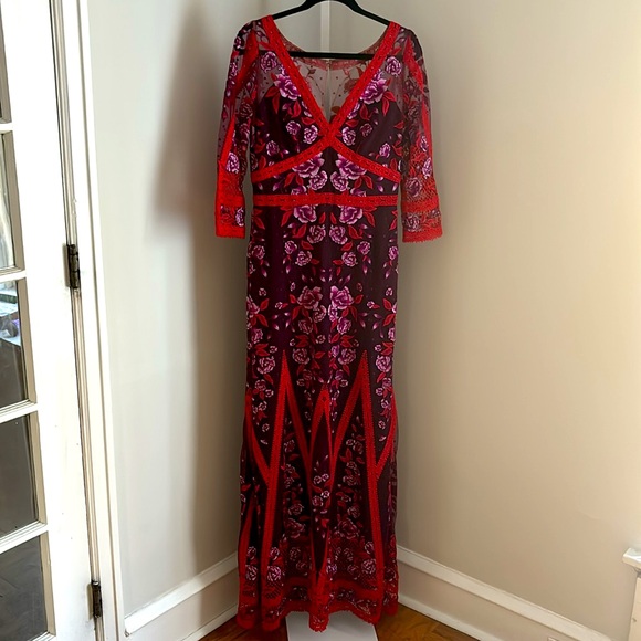 MARCHESA NOTTE Wine Floral Lace  Mesh Embroidered  Gown Red Pink Purple Size 8 - Picture 3 of 11